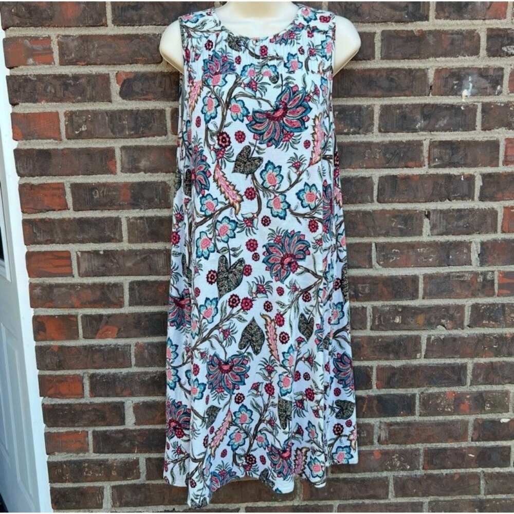 J. Jill Size S White Floral Sleeveless Jersey Dress Stretchy Pleated